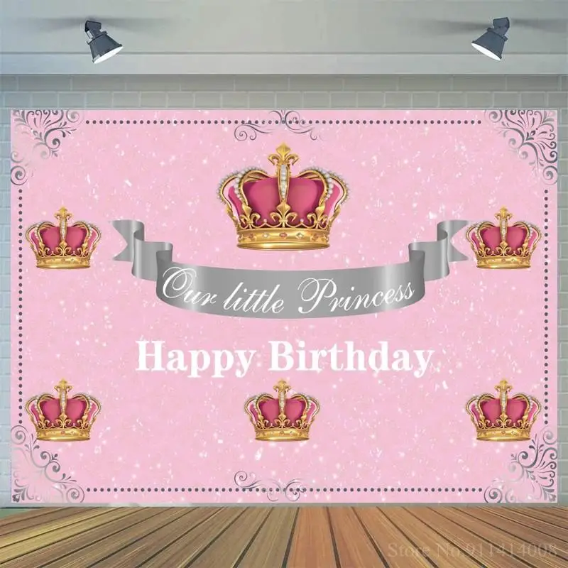 Girl Princess Happy Birthday Banner Background Photography Silver Glitter Crown Customize Party Backdrops For Photo