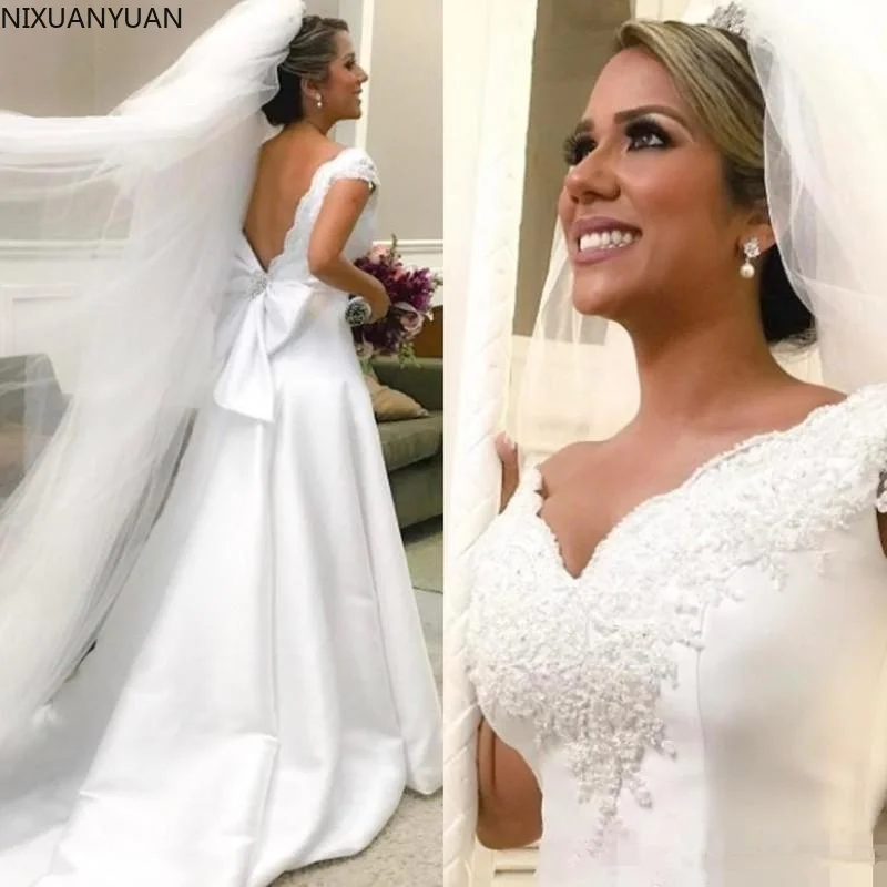 Laço branco cetim vestidos de casamento clássico do vintage design v pescoço boné manga aberta sem encosto grande arco vestidos de noiva robe de mariee