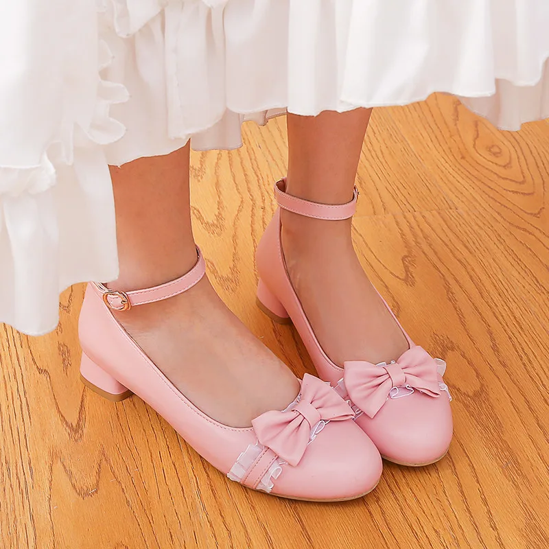 

YQBTDL Summer 2020 Girl's Sweet Cute Lace Ruffles Bowtie Pink White Low Heel Party Lolita Shoes Ankle Strap Chunky Heel Pumps