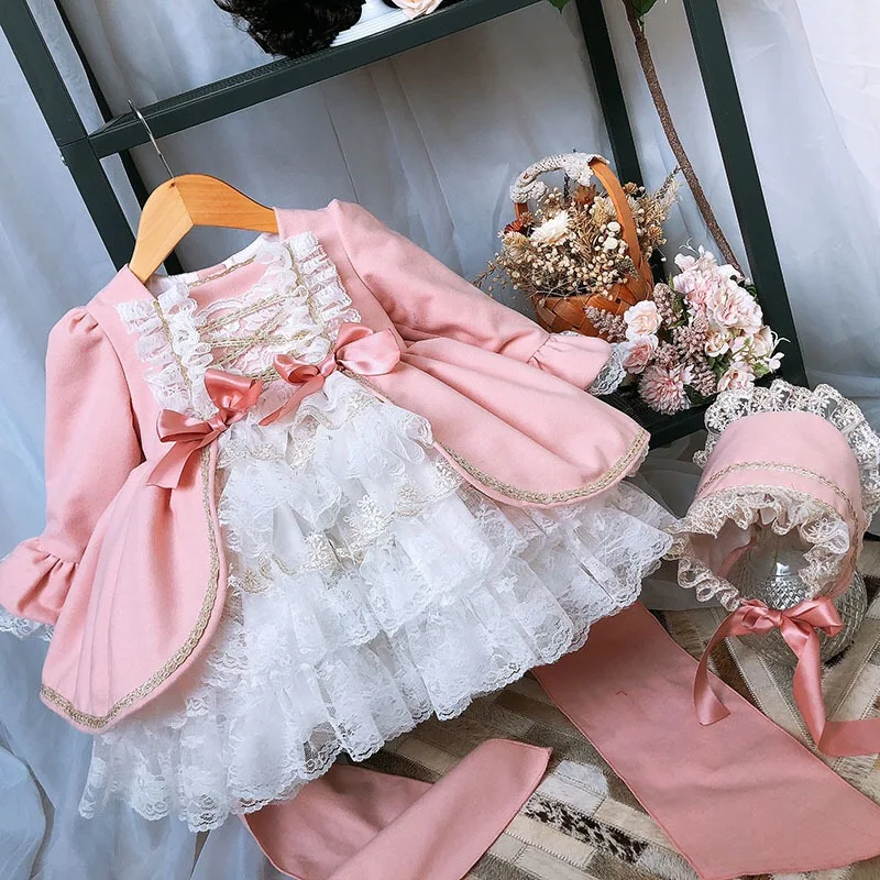 Dziewczęca Sukienka Wełniana Różowa z Długim Rękawem w Stylu Vintage Hiszpańskiej Lolity Księżniczki na Zimę Wiosnę Jesień na Urodziny Eid Imprezę Codzienną C95