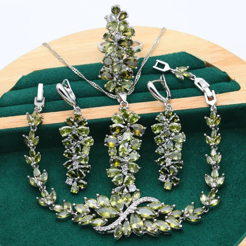 New Olive Green Purple Topaz 925 Silver Jewelry Set For Women Bracelet Earrings Necklace pendant Ring Birthday Gift 4PCS