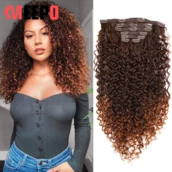 Meepo-Extensions de Cheveux Longs à Clips pour Femmes Noires, Cheveux Naturels Synthétiques, Tête Complète, Postiches Crépues et Bouclées, Brun Foncé, 26 Pouces, 140g