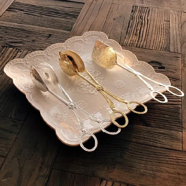 Vintage Retro Bread Steak Food BBQ Salad Toast Gold Tongs Cake Pastry Tea Clips Clamp Kitchen Cooking Tool Buffet Kitchen 12cm
