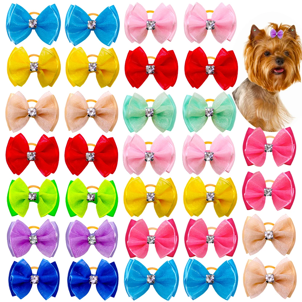 20pcs Handmade Pet Dog Hair Bows Rhinestone Variety Lace Ribbon Dog Bow Dogs Grooming Bows Accessories Pet Hair Supplies