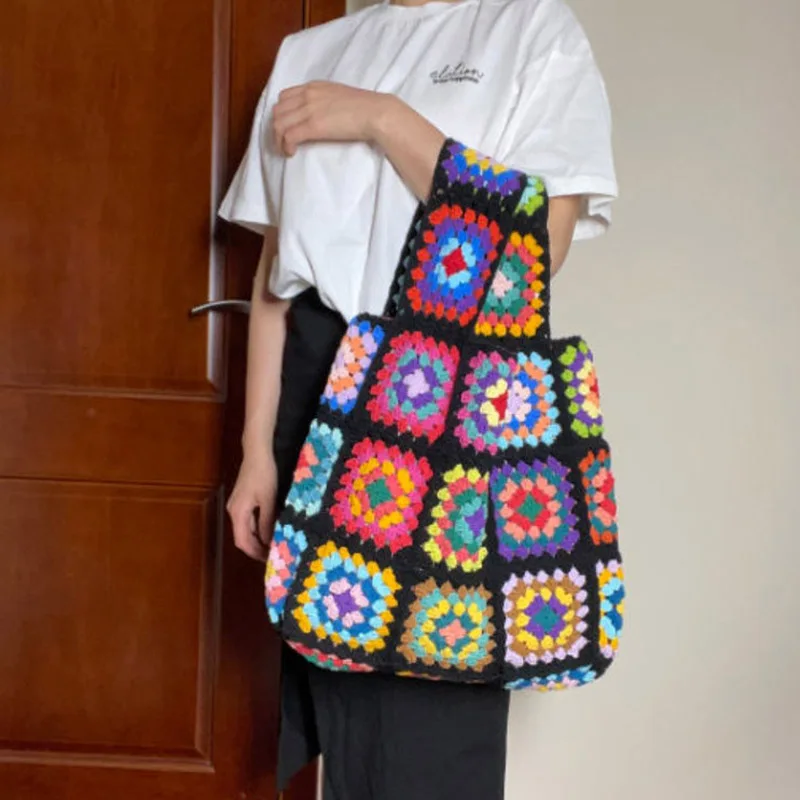 Black Granny Square Woven Handbag For Women Crochet Large Capacity Knitted Hollow Out Bag Boho Style Colorful Cute Purse