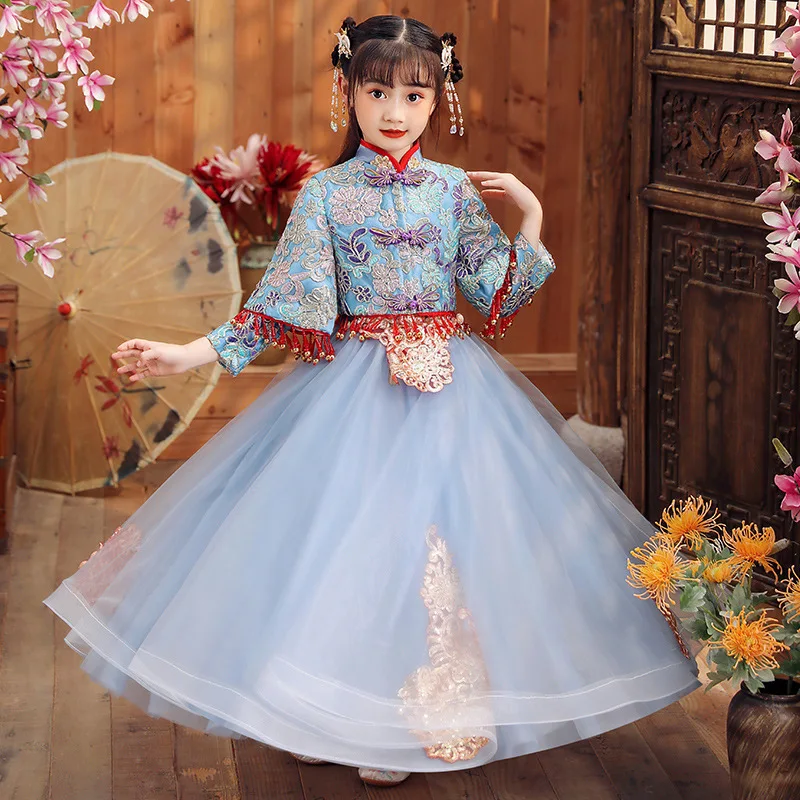 Meisjes Herfst Winter Nieuwe Chinese Stijl Traditionele Borduurwerk Hanfu Prinses Jurk Feestavond Prestaties Vestido Fairy Qipao