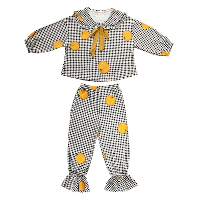 Girls Pajamas Spring and Autumn Cotton Long Sleeve Suit Children's Fashion Ruffles Plaid Spliced Clothing Set Home Clothes P324