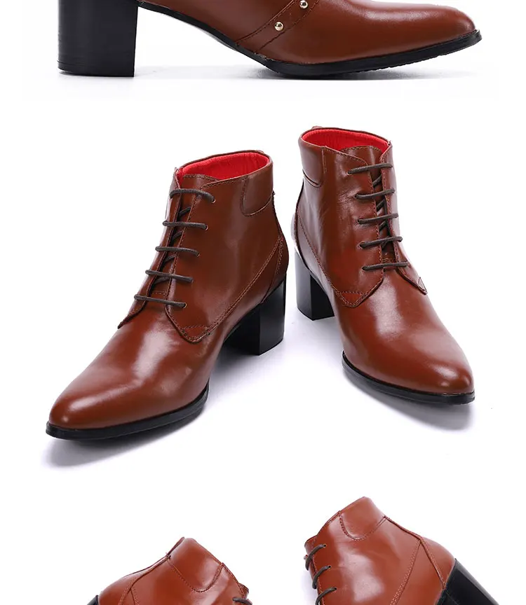 Herbst und Winter spitze High Heels Herren stiefel binden eine Kette Niet Gürtels chnalle dicken Absatz echtes Leder dicke Stöckels tiefel – Detail 14