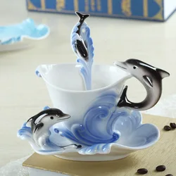 Dolphin Coffee Cups With Saucer Spoon Hadmade 3D Ceramic Tea Milk Mugs Set Breakfast Water Bottle Christmas Lover Gifts