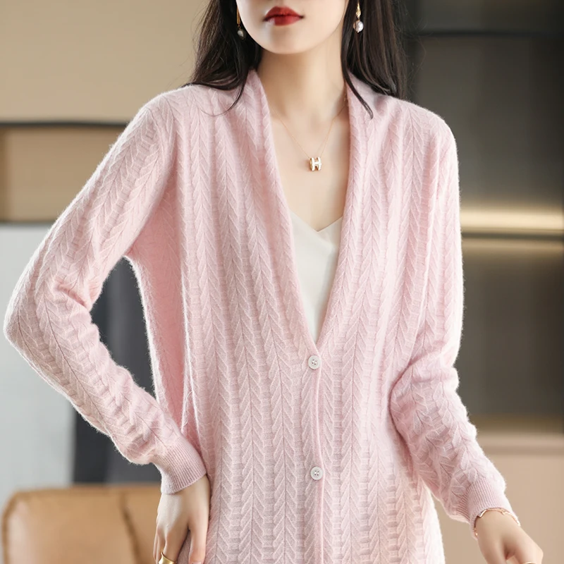 2022 Spring and Autumn New Pure Wool Knitted Cardigan Women Big V-Neck Jacket Trendy Fashion Top Women\'s Clothing Loose Sweater