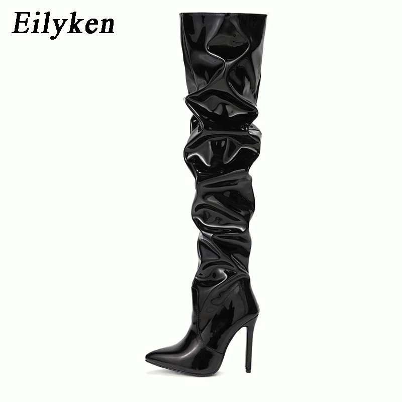 Eilyken 2024 New Thigh High Boots Fashion Patent Leather Pointed Toe Zip Female Stiletto Heels Pleated Design Women\'s Shoes