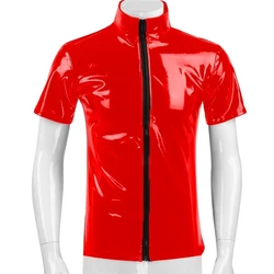 Camisa masculina de látex de manga curta, tops masculinos de couro envernizado metálico brilhante, PVC lustroso sexy, camisa shaping erótica, tops masculinos casuais