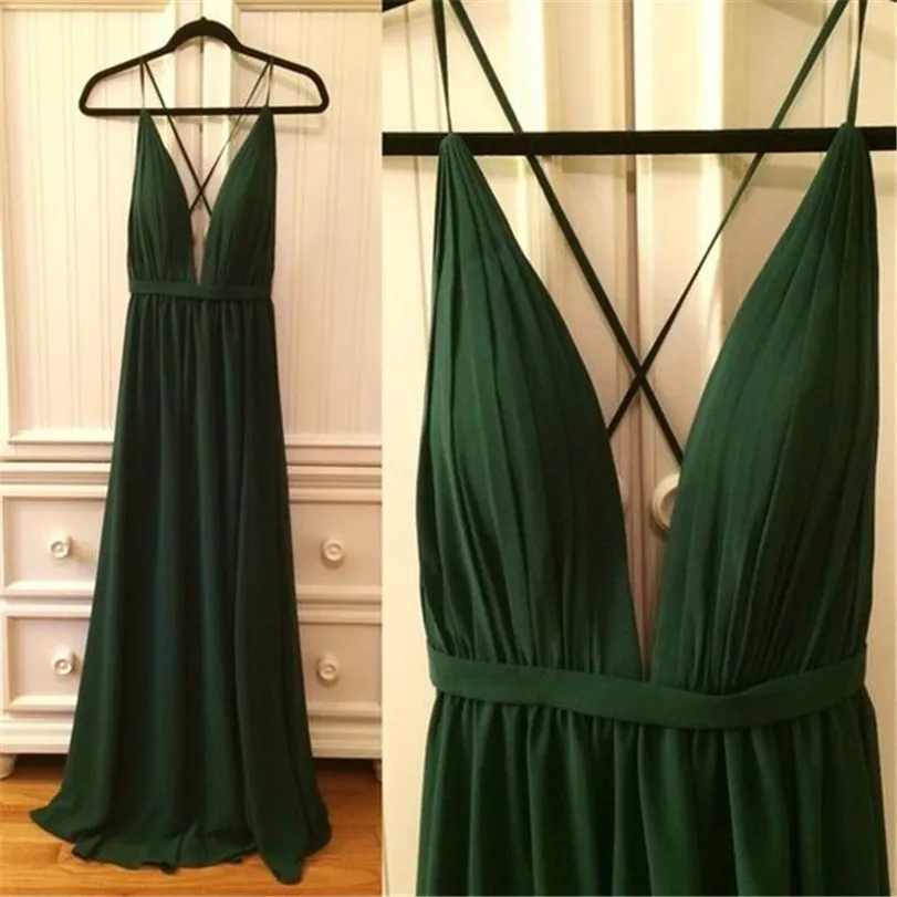 Dark Green Chiffon Avondjurken 2021 Lange Prom Party Gown Spaghettibandjes Backless Sweep Trein Vestidos De Fiesta Noche