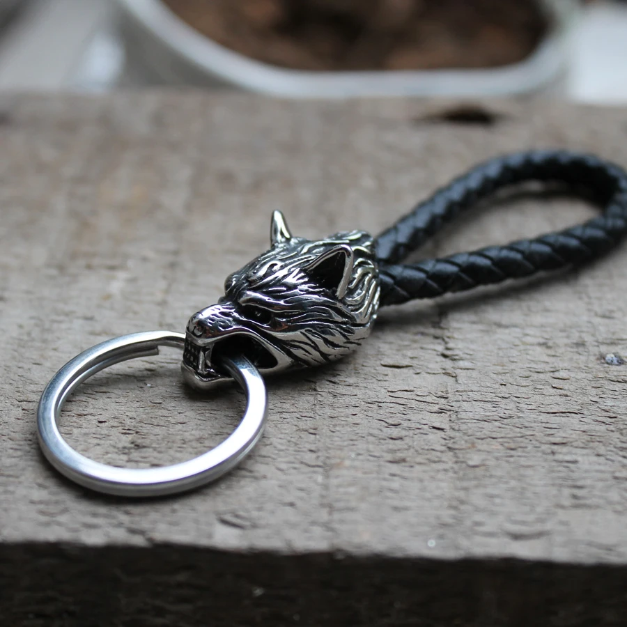 316L stainless steel Viking wolf keychain leather car Automobile Men's waist buckle key chain Werewolf Keychain Ring Keybob