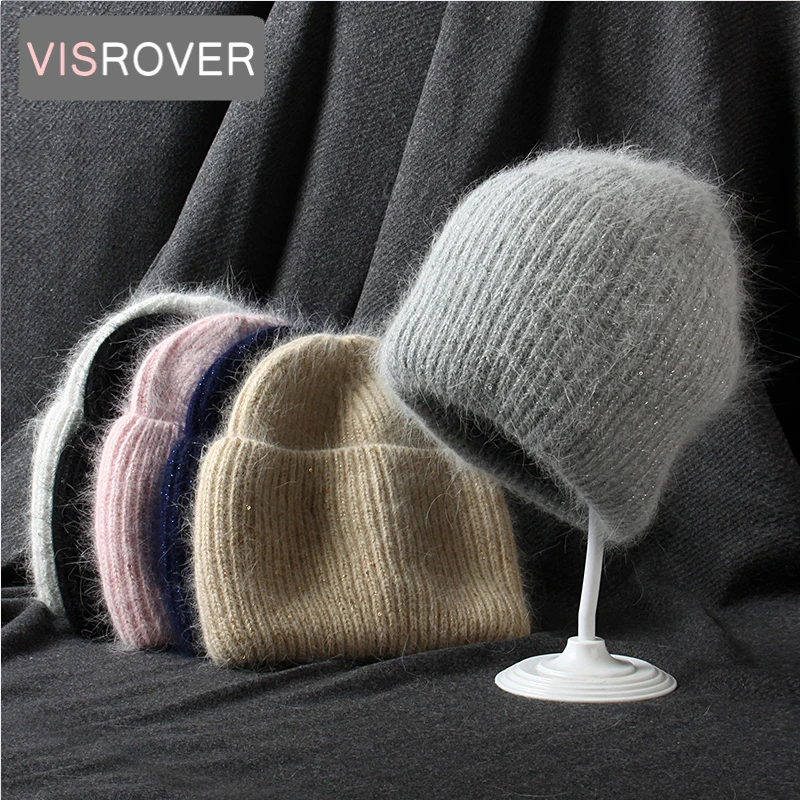 VISROVER 6 colorways rabbit fur sequin woman winter hat solid color autumn beanies best matched Warm soft bonnet skullies Gift