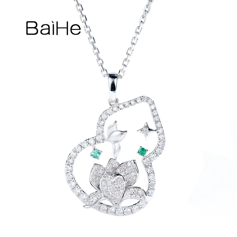 BAIHE Real Solid 14K White Gold Natural Emerald Diamond Gourd Pendant Women Trendy Party Fine Jewelry Making Colgante calabaza