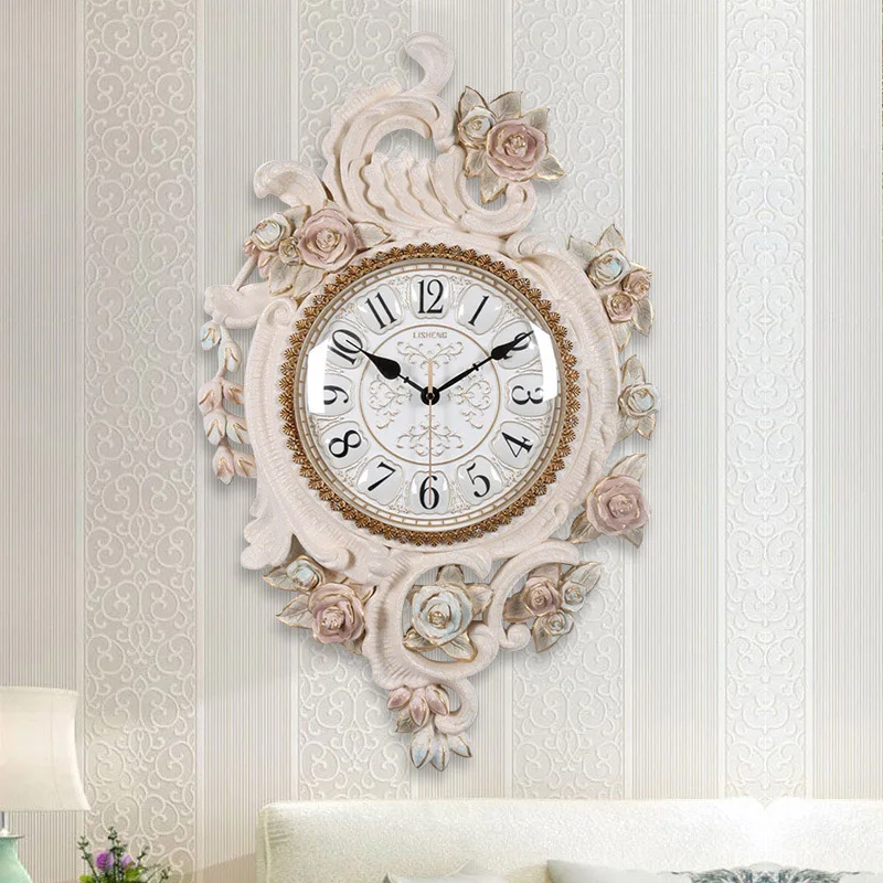 Large European-style Circular Three-dimensional Carving Living room Wall clock Bedroom Flower Creative Decoration Quartz Clock