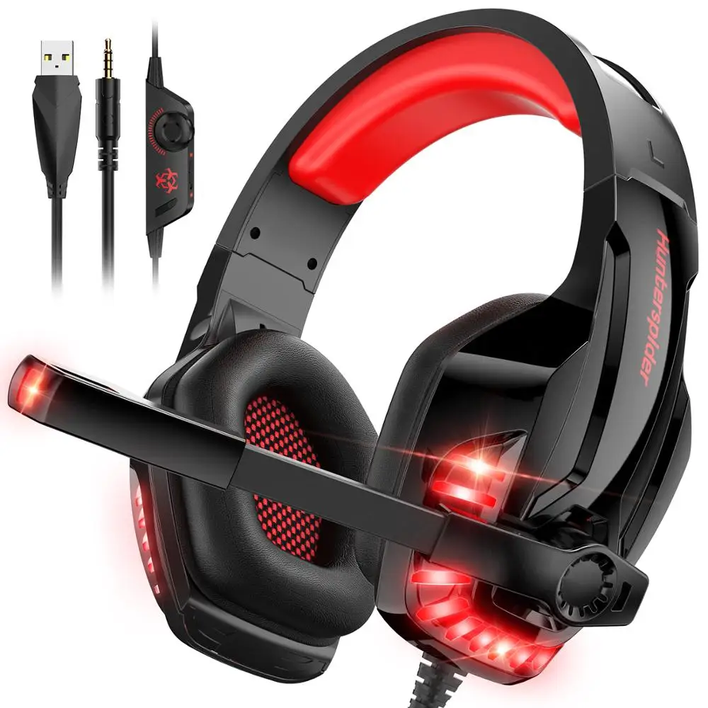 Hunterspide V6 PS4 Headset Noise Cancelling Stereo Sound Wired Gamer PC Gaming Headphones with Micro LED Lights for XBox One