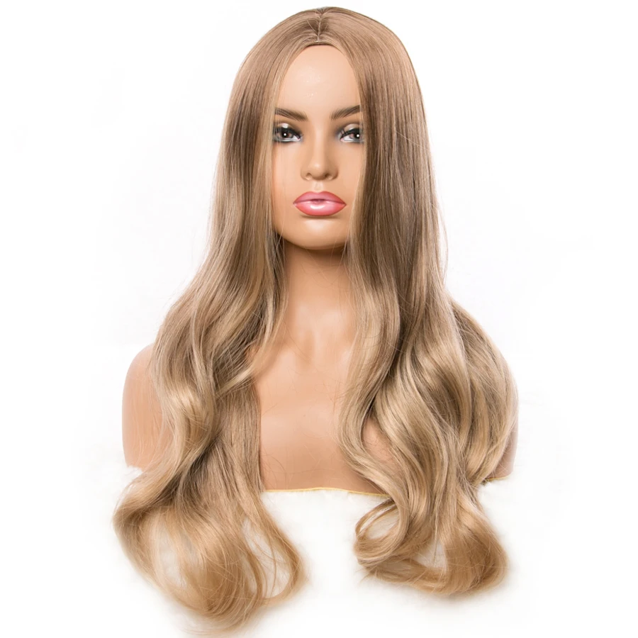 Synthetic Wigs For Women Long Wavy Ombre Blonde Wigs Brown Mix Color Natural Middle Part Wig