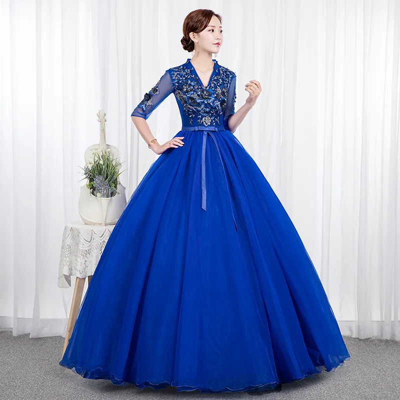 2021 Stock Royal Blue długie rękawy dekolt koronkowe sukienki Quinceanera suknia balowa sukienka na studniówkę Sweet 16 gorset Vestidos De 15 Anos