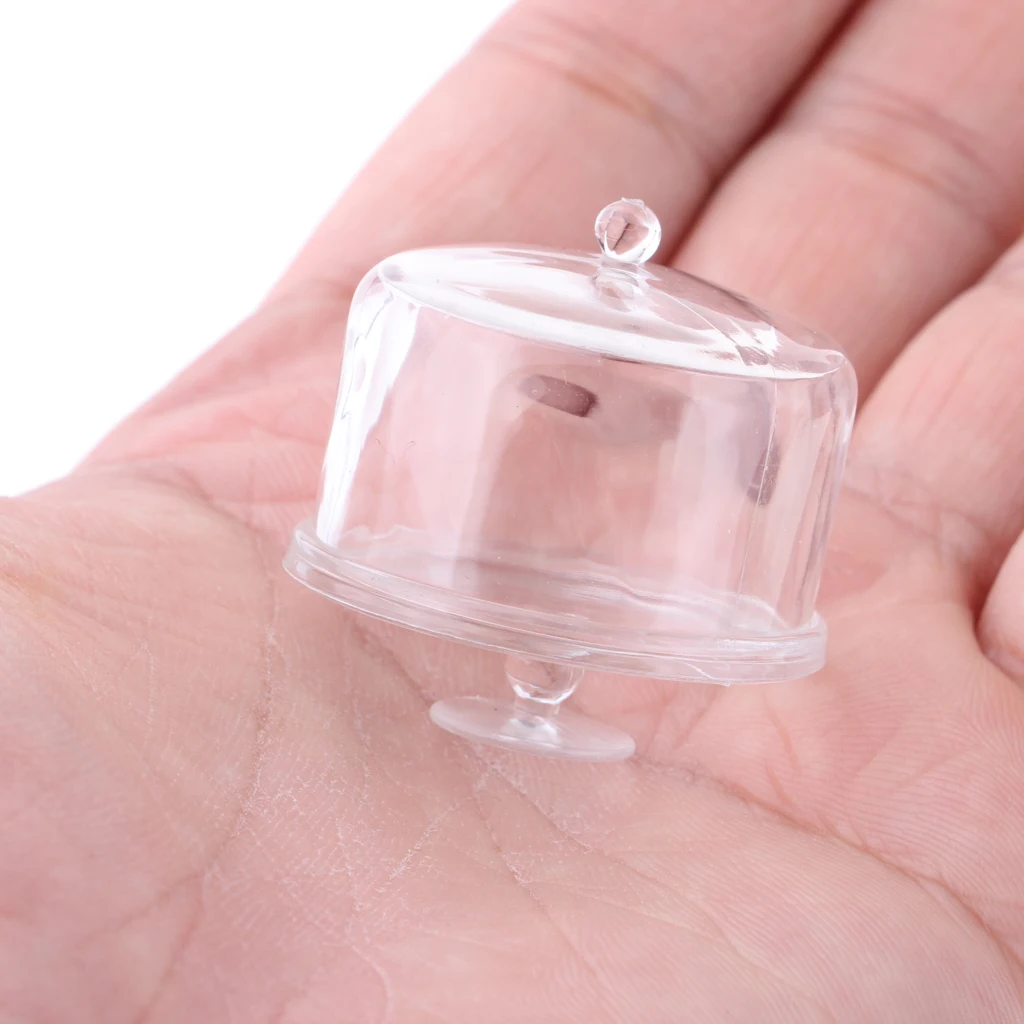 1 Piece Miniature Dollhouse Acrylic Clear Cake Display Plate Stand Fruit Snack Tray with Lid Cover Dolls House Kitchen Tableware