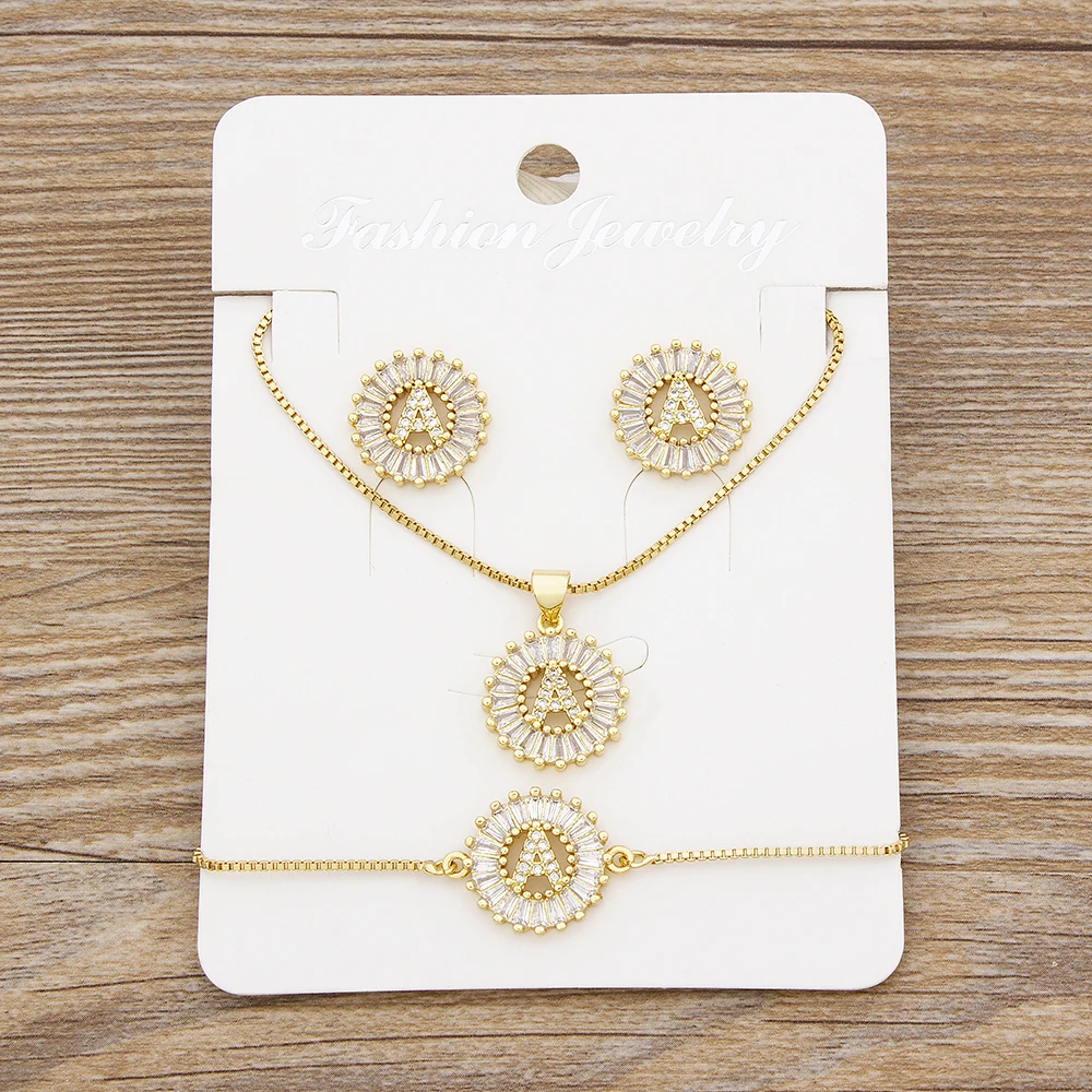 Nidin Hot 26 Letters Jewelry Sets Necklace+Earrings+Bracelet For Women Initial Alphabet Charm Copper Zircon Party Wedding Gift