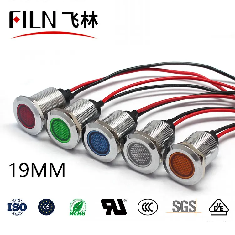 FILN Metal Flat head 19mm 12v metal indicator light with red green dot led light with wire