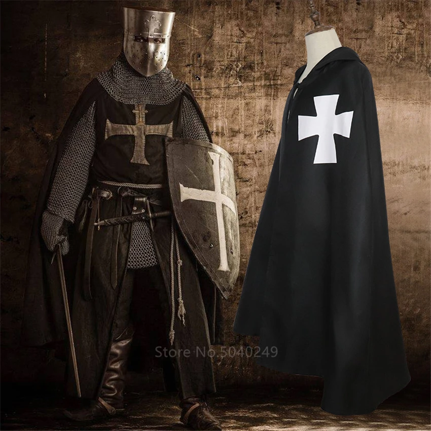 Halloween Templar Crusader Cosplay Costumes Men Medieval Knights Cloak Warriror Tabard Cavalier Tunic Robe Cape Carnival Party