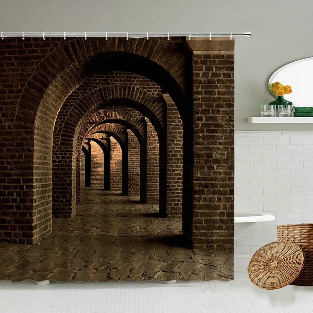 Retro Antique Building Arch Door Shower Curtain Stone Brick Wall Tunnel Industrial Style Home Decor With Hook Waterproof Screen