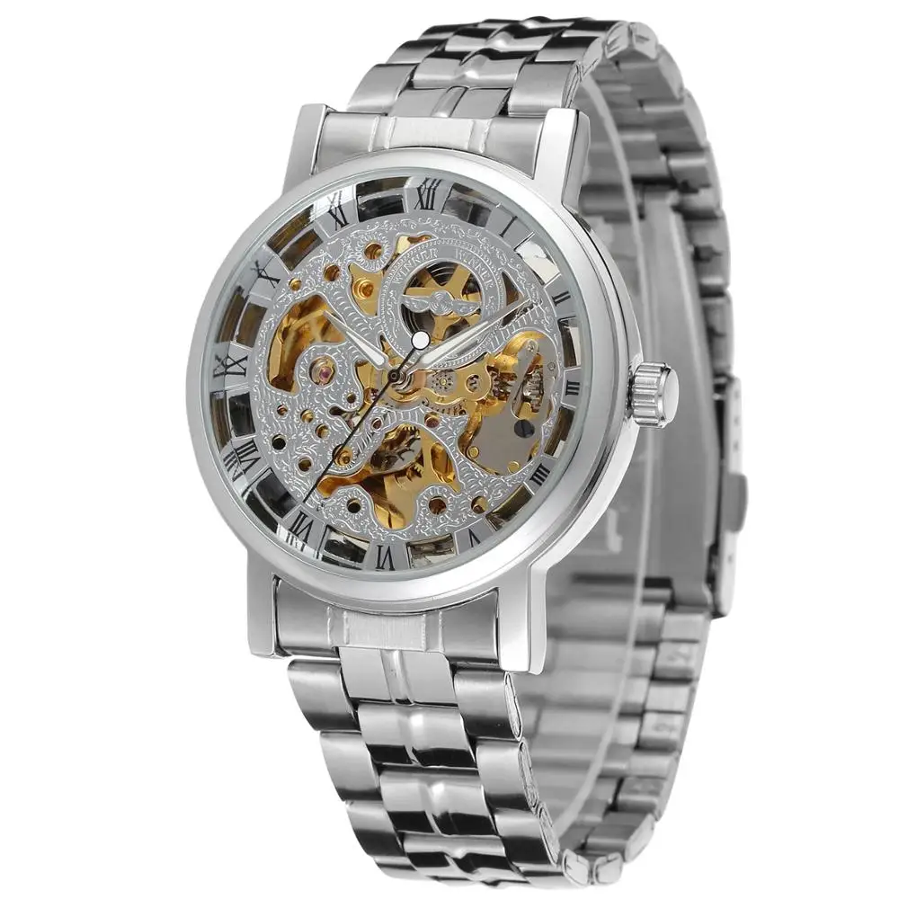 WINNER Fashion men's and women's watch silver hollow dial silver stainless steel strap automatic mechanical wrist watch