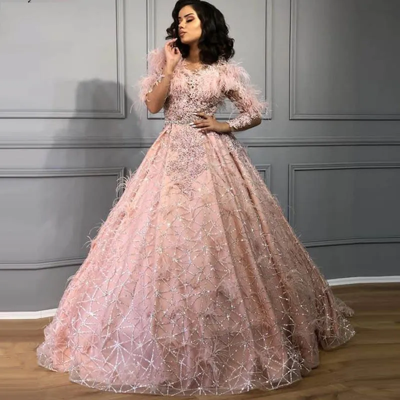 Rosa pena borla vestidos de noite moda com decote em v mangas compridas formal a linha vestidos de luxo até o chão vestidos de festa de baile