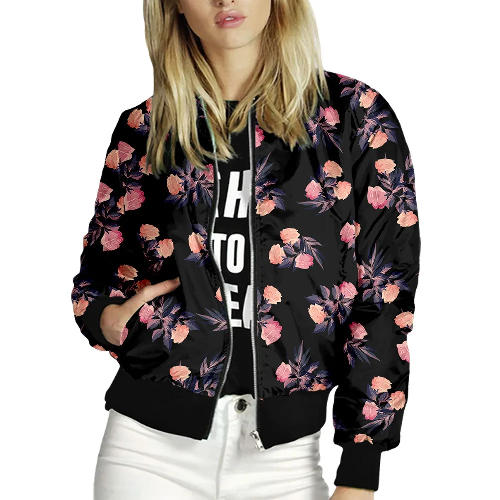 Women Jackets Floral Printed Ladies Zipper Bomber Outwear Spring Autumn Long Sleeve Short Thin Slim Casual Biker Coats Lady Tops