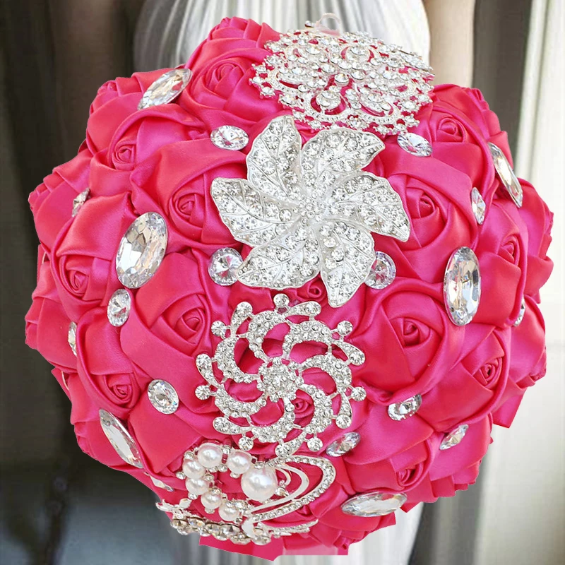 

1pc/lot Fushia Wedding Bride Bouquets With Diamond For Wedding Party