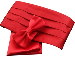 Ikepeibao Mens Formal Wide Solid Red Classic  Pre-tied Bow Tie  Pocket Square Cummerbund  Belt Ceremonial Belt Elastic Set