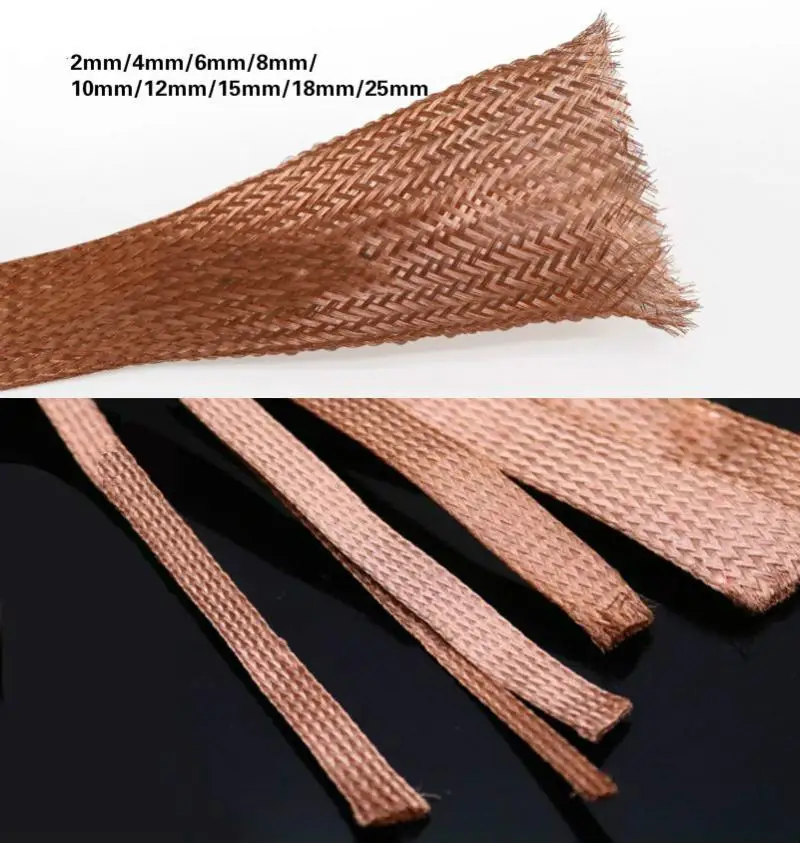 1M 5M 10M Pure Copper Braid Knitted Mesh Anti-interference 4mm/6mm/8mm/12mm/14mm/18mm/25mm Lead Wire Flexibility Cable Flat