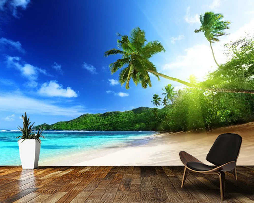 

Papel de parede Sunny sea beach and palm trees natural landscape 3d wallpaper,living room bedroom wall papers home decor mural