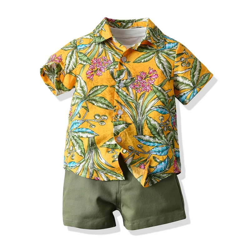 top and top New Hawaiian Style Kids Boys Casual Clothing Set Floral Short Sleeve Shirt+Tshirt+Shorts 3Pcs Gentleman Outfits