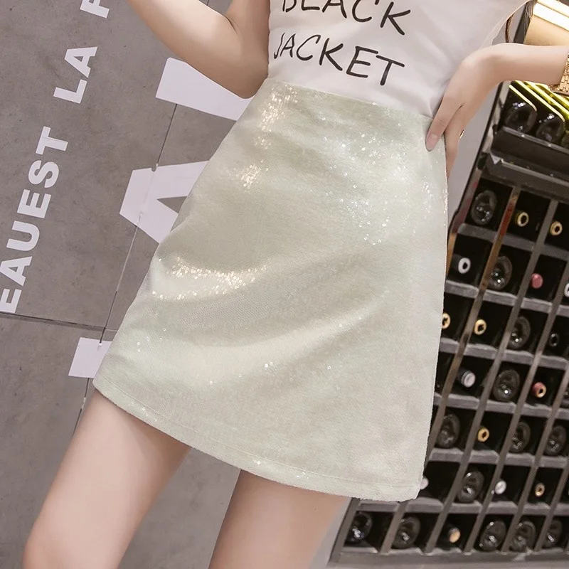 Women Summer Shiny Sequined Skirt Zipper Sexy Short Mini A Line High Waist Wrap Skirts Slim Fit Bodycon Femme Jupes Clubwear