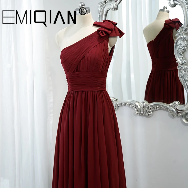 A Line One Shoulder Burgundy Chiffon Prom Dress