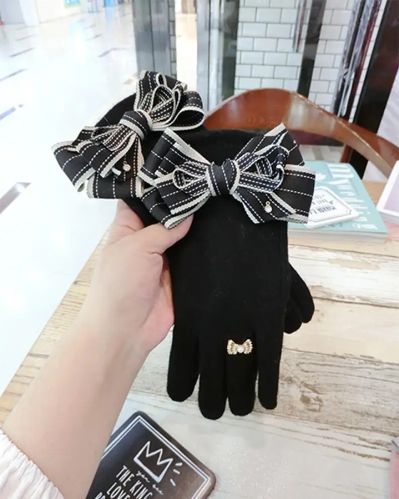 Guantes de cachemir con lazo a rayas para mujer, manoplas cálidas de Cachemira de cinco dedos para pantalla táctil, moda coreana, invierno, A431