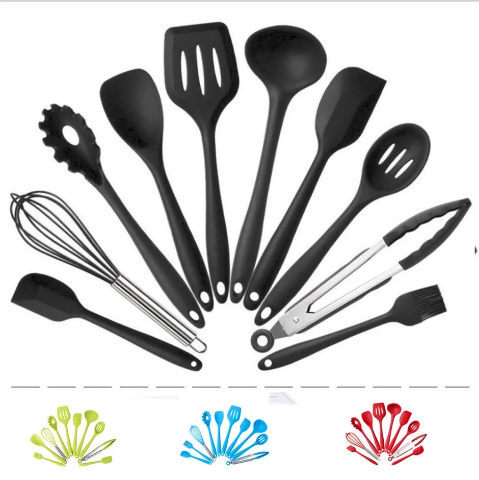 10pcs Silicone Non-stick Cooking Utensils Set Tool 4 colors Kitchenware Cookware Kitchen brush frying Shovel egg break box