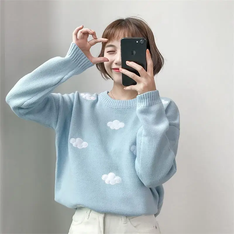 2020 Women\'S Kawaii Ulzzang Vintage College Loose Clouds Sweater Female Korean Punk Thick Cute Loose Harajuku Clothing For Women