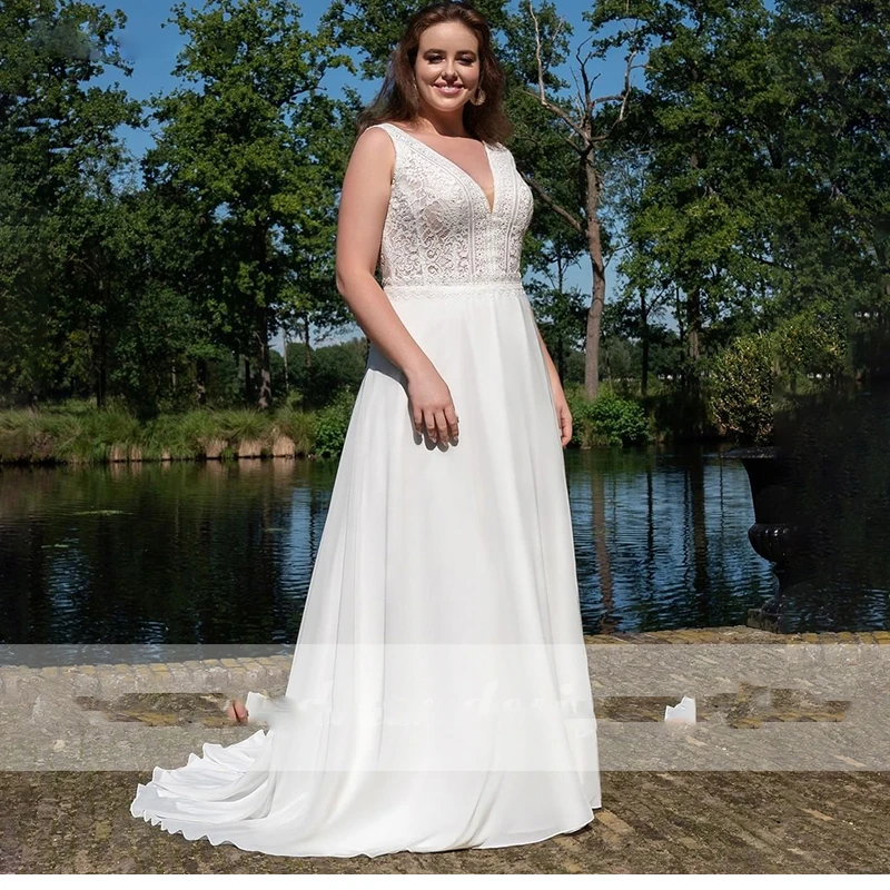 Vestido de noiva simples de renda, vestido de chiffon plus size, sem mangas, para noiva ou casamento, vestido de princesa