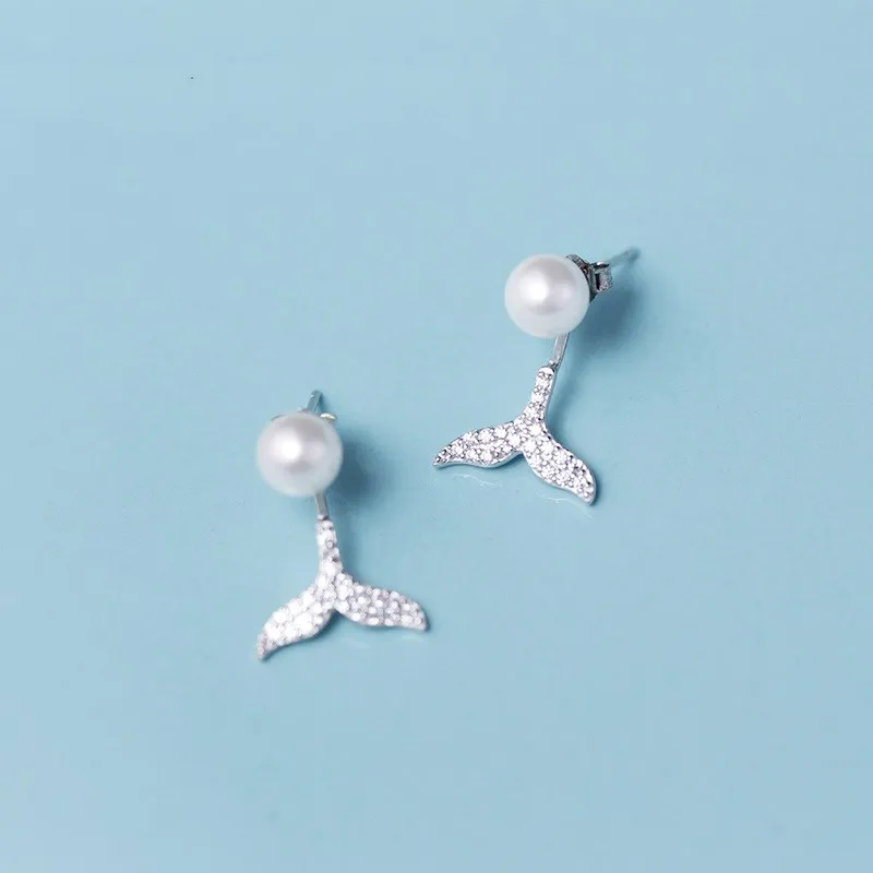 YIZIZAI 925 Sterling Silver Cute Tiny Japanese style Pearl Whale Tail Earrings Women Sweet Mermaid Tail Back Hanging Ear Jewelry