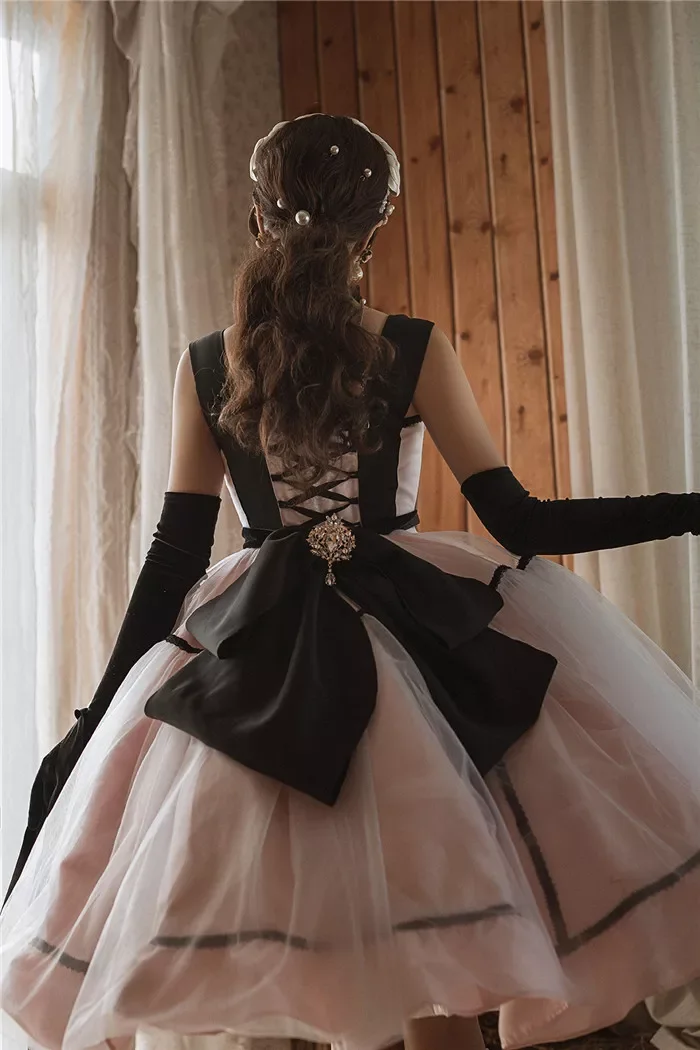 Pink Girl Classic Princess Lolita Midi Long Ball Gown Dress Layered Satin Tulle Party Dress With Bow Puffy Pink Birthday Dress
