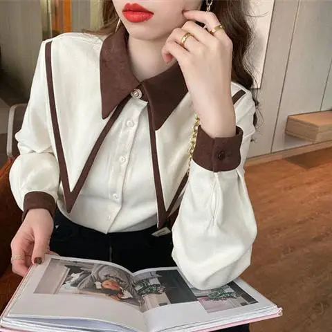 Blouse Women Shirt Spring Autumn Women\'s Red 2021 Spring Loose Large Pointed Collar Top Blusas Mujer De Moda