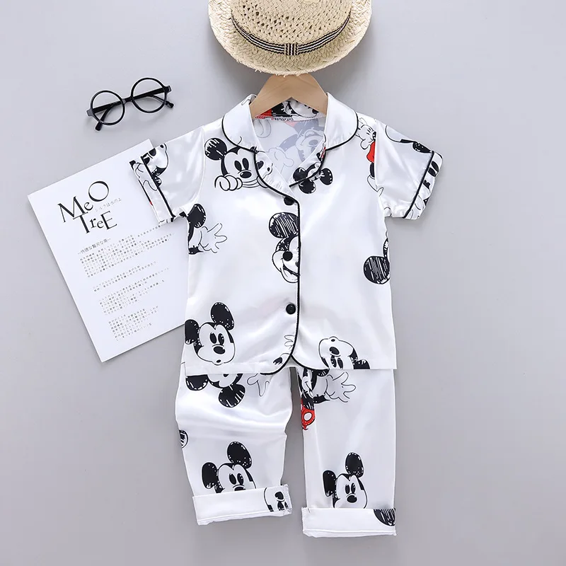 Summer Baby Short Sleeve Kid Sleepwear Set Ice Silk Pajamas Boys for Children Home Cloth Girls Disney Cartoon Mickey Wear Suit