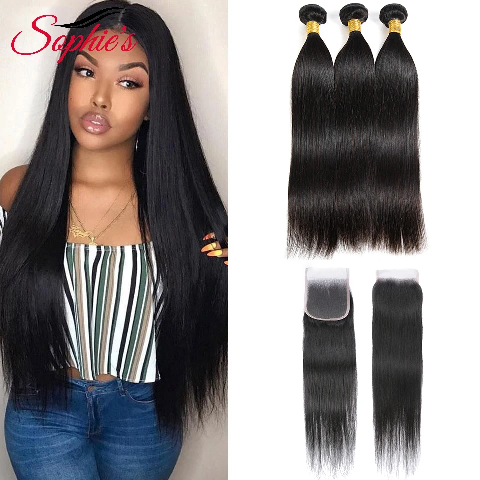 Sophie 'S Straight Bundels Met Sluiting 8-26 "Braziliaanse Haar Weefsel Bundels Remy 100% Menselijk Haar 3 Bundels met Sluiting Extension