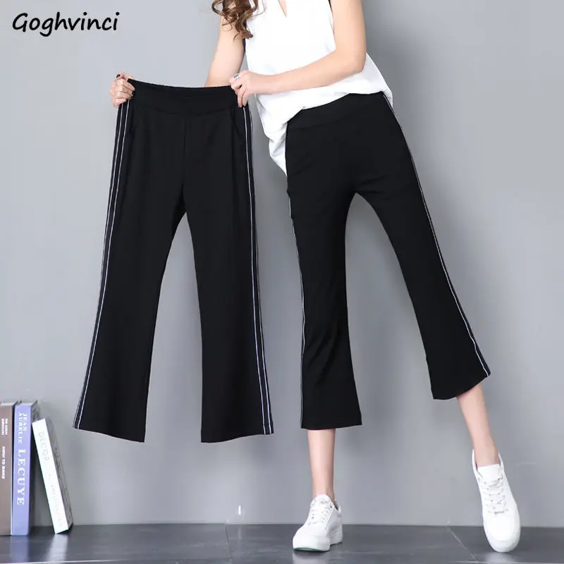 

Casual Pants Women Calf-length Flare Side-stripe Thin Summer Slim Ice-silk Womens Trousers Fashion Vintage Simple Leisure Chic