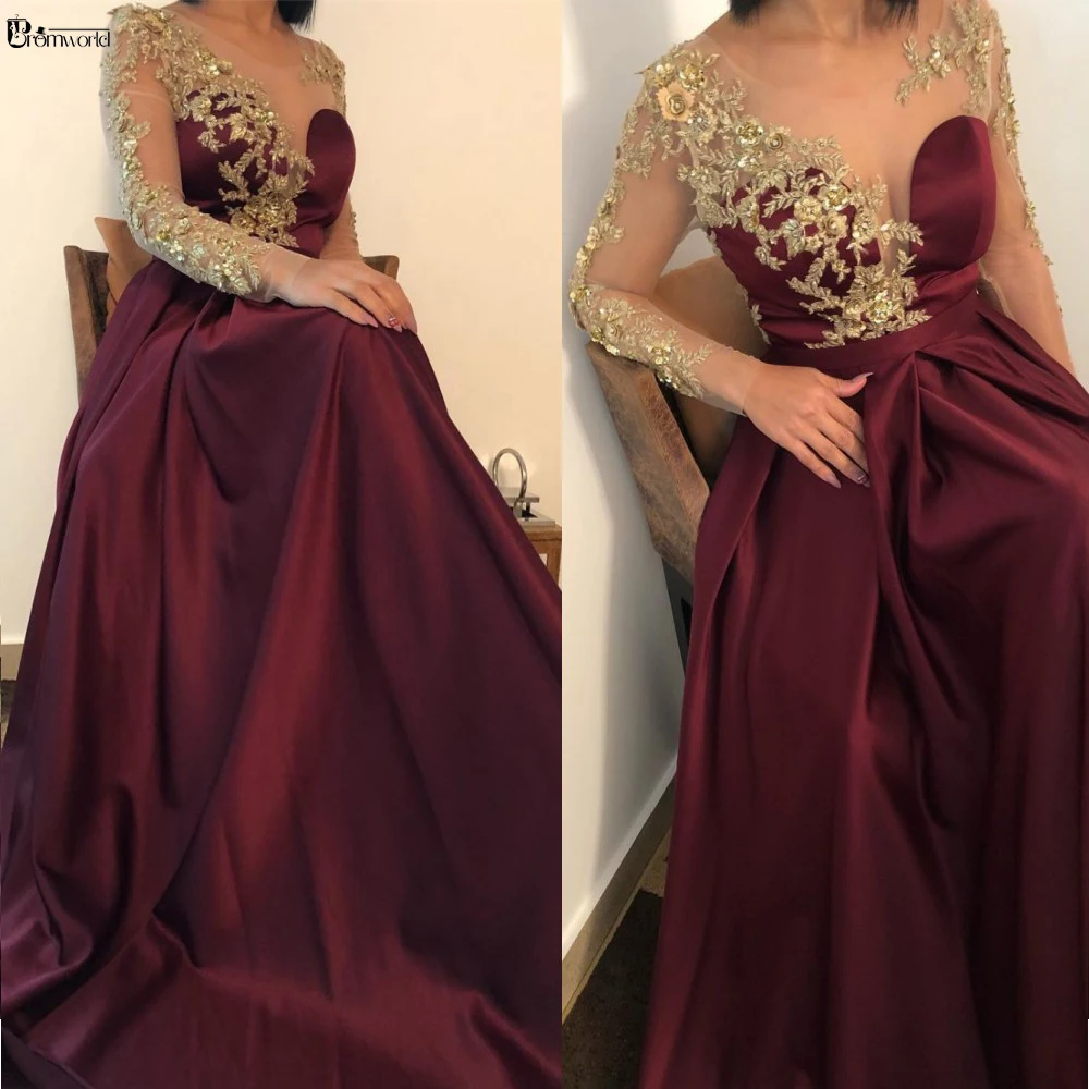 Elegant Burgundy A-Line Evening Dresses Illusion Long Sleeve Formal Prom Dress 2024 Gold Flowers Lace Satin Robe De Soiree